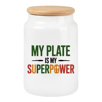 Mein Teller ist mein Superpower-Ernährungsexperte - Keksdose mit Holzdeckel - Weiß - Vorne