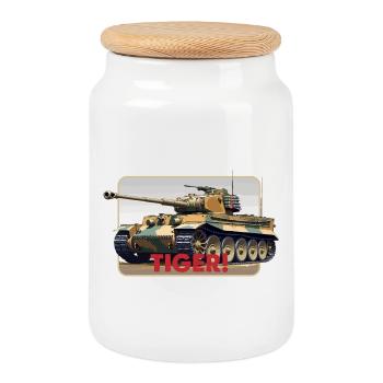 Tiger Tank Illustration - Cookie Jar with Wooden Lid - white - Front