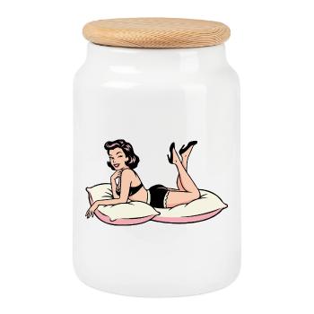 Retro Pin-up-Lounge auf Kissen - Keksdose mit Holzdeckel - Weiß - Vorne