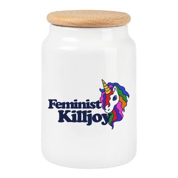 Feminist Killjoy Unicorn Tee - Cookie Jar with Wooden Lid - white - Front