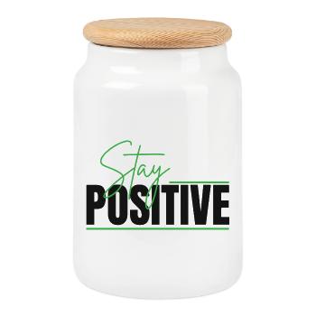 Stay Positive Typographic Design - Cookie Jar with Wooden Lid - white - Front