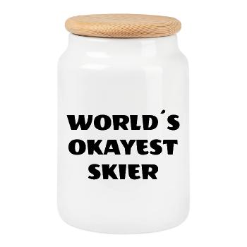 World's Okayest Skier – Fun Design - Cookie Jar with Wooden Lid - white - Front