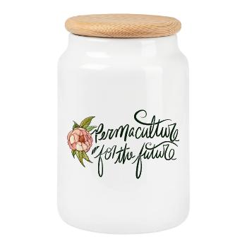 Permakultur-Zukunfts-Blumenemblem - Keksdose mit Holzdeckel - Weiß - Vorne