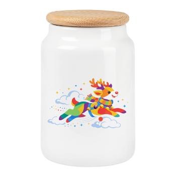 Rennes volants colorés – Motif hivernal joyeux - Boîte à biscuits avec couvercle en bois - blanc - Devant