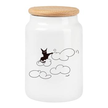 Un mignon chat noir qui taquine un nuage duveteux. Comique. - Boîte à biscuits avec couvercle en bois - blanc - Devant