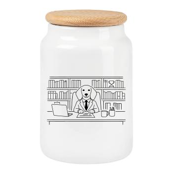 Hund im Büro Chef Dackel Minimalitisch Line Art - Keksdose mit Holzdeckel - Weiß - Vorne