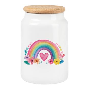 Arc-en-ciel avec cœur et fleurs – Aquarelle Amour - Boîte à biscuits avec couvercle en bois - blanc - Devant