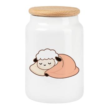 Sleeping Sheep with Pillow – gentle, calm - Cookie Jar with Wooden Lid - white - Front