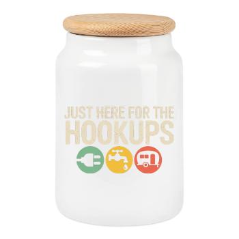 Hookups Trio: RV Camping Icons - Cookie Jar with Wooden Lid - white - Front