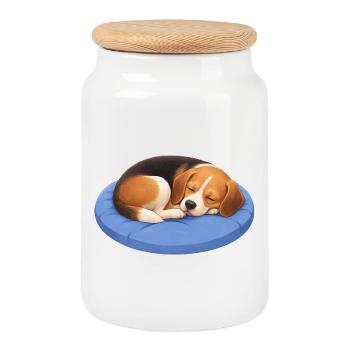 Dessin animé Beagle mignon, câlin, somnole détente - Boîte à biscuits avec couvercle en bois - blanc - Devant