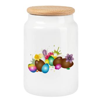 Schoko-Ostereier mit bunten Eiern und Blumen  - Keksdose mit Holzdeckel - Weiß - Vorne