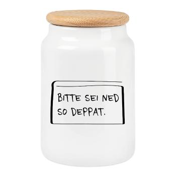 Please be ned so stupid – Cheeky dialect saying - Cookie Jar with Wooden Lid - white - Front