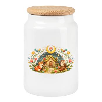 Magical Spring House with Fox and Owl - Cookie Jar with Wooden Lid - white - Front