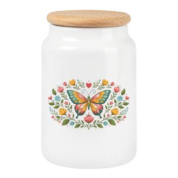 Spring butterfly with floral ornament - Cookie Jar with Wooden Lid - white - Front