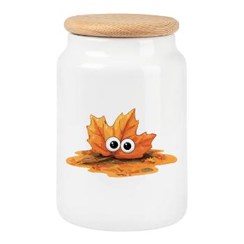 Autumn Leaf with Eyes Cuddly Hero - Cookie Jar with Wooden Lid - white - Front