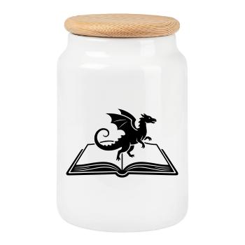Dragon on Book Fantasy - Cookie Jar with Wooden Lid - white - Front