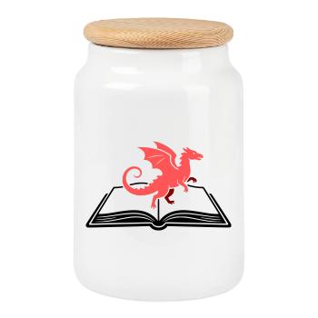 Dragon on Book Fantasy - Cookie Jar with Wooden Lid - white - Front