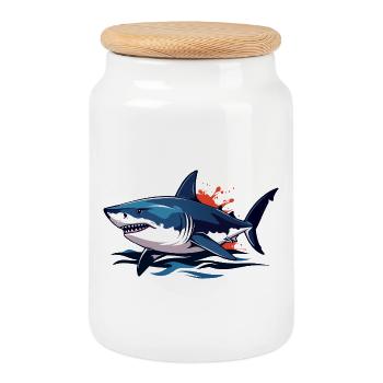 Requin bleu des profondeurs avec éclaboussures rouges Requin blanc - Boîte à biscuits avec couvercle en bois - blanc - Devant