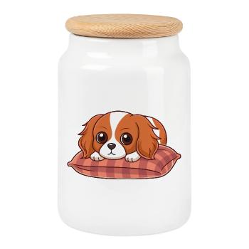 Chiot adorable sur coussin plaid - Boîte à biscuits avec couvercle en bois - blanc - Devant