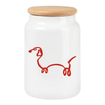 Minimalist Red Sausage Dog - Cookie Jar with Wooden Lid - white - Front