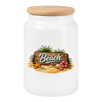 Beach Wooden Sign Beach Illustration - Cookie Jar with Wooden Lid - white - Front