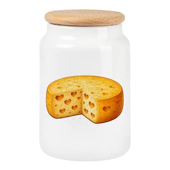 Motif d’une roue à fromage avec des trous en forme de cœur - Boîte à biscuits avec couvercle en bois - blanc - Devant