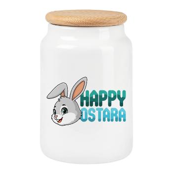 Happy Ostara Rabbit Bunny Easter Ostara Spring - Cookie Jar with Wooden Lid - white - Front