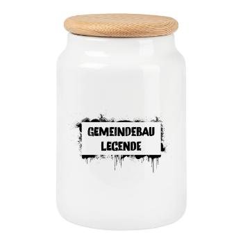 Gemeindebau-Legende – Wiener Kult Spruch - Keksdose mit Holzdeckel - Weiß - Vorne