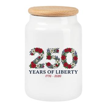 USA 250-jähriges Jubiläum Floral Patriotic - Keksdose mit Holzdeckel - Weiß - Vorne