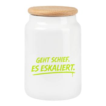 Nicht alles geht schief: Es eskaliert - Keksdose mit Holzdeckel - Weiß - Vorne
