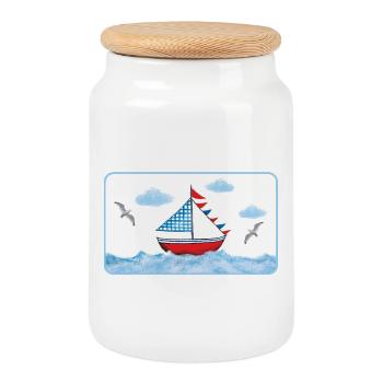 Voilier bleu sur la mer - peint à la main - Boîte à biscuits avec couvercle en bois - blanc - Devant