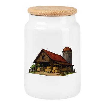 Grange rustique avec des bottes de foin - Boîte à biscuits avec couvercle en bois - blanc - Devant