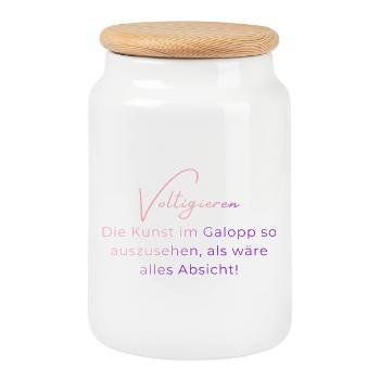 Voltigieren Galopp – Lustiger Spruch für Voltis - Keksdose mit Holzdeckel - Weiß - Vorne