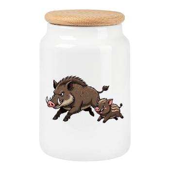 Sanglier sauvage avec jeune sanglier - Boîte à biscuits avec couvercle en bois - blanc - Devant