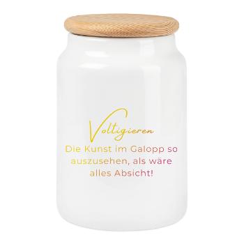 Voltigieren Galopp – Lustiger Spruch für Voltis - Keksdose mit Holzdeckel - Weiß - Vorne