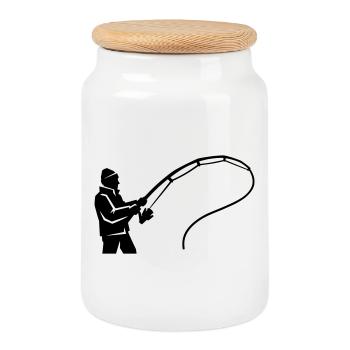 silhouette de pêcheur, canne à pêche, club de pêche - Boîte à biscuits avec couvercle en bois - blanc - Devant