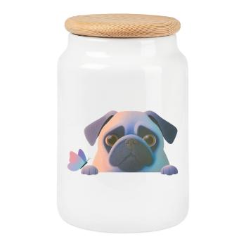 Mops mit Schmetterling - Keksdose mit Holzdeckel - Weiß - Vorne