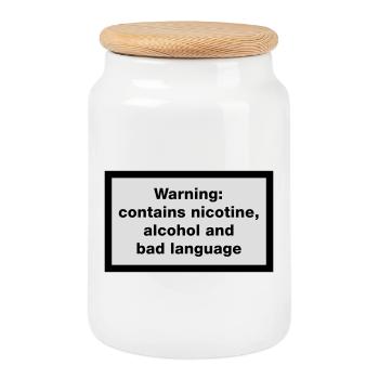 Warning: contains, nicotine, alcohol and bad - Cookie Jar with Wooden Lid - white - Front