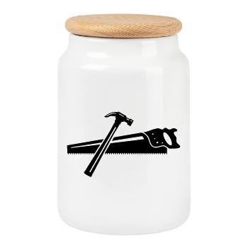 A hammer and a saw - Cookie Jar with Wooden Lid - white - Front
