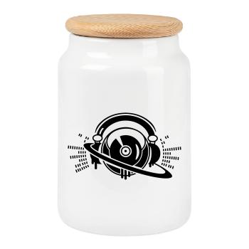 A DJ turntable console with headphones and - Cookie Jar with Wooden Lid - white - Front