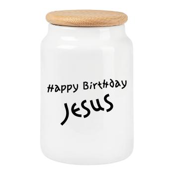happy birthday jesus - Cookie Jar with Wooden Lid - white - Front