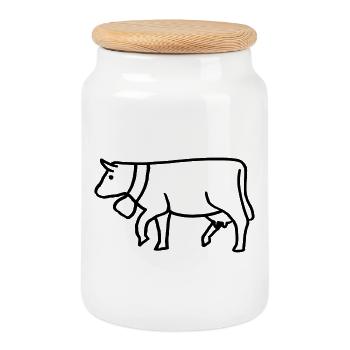 Cow drawn with bell - Cookie Jar with Wooden Lid - white - Front