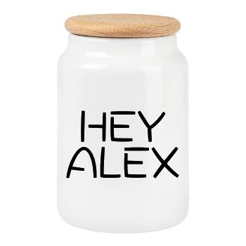 Hey Alex - Minimal Name Typography Design - Keksdose mit Holzdeckel - Weiß - Vorne
