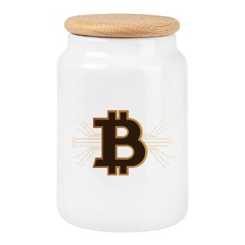 Bitcoin - Braun/Gold Kryptowährung - Keksdose mit Holzdeckel - Weiß - Vorne