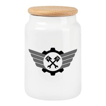 Clé de piston croisée avec engrenage et aile - Boîte à biscuits avec couvercle en bois - blanc - Devant