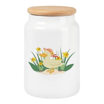 Duck with hat - Cookie Jar with Wooden Lid - white - Front