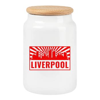 Liverpool Skyline in Red Rays - Cookie Jar with Wooden Lid - white - Front