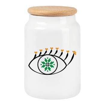 Eye - Traditional Romanian folk art pattern - Cookie Jar with Wooden Lid - white - Front