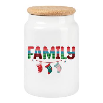 Christmas family with hanging socks - Cookie Jar with Wooden Lid - white - Front
