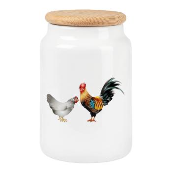 stately colourful rooster with a hen - Cookie Jar with Wooden Lid - white - Front